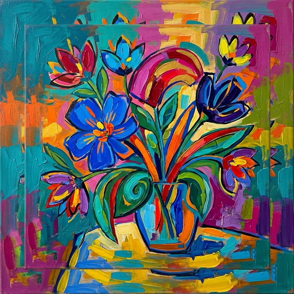 Abstract painting of vibrant flowers in a vase with bold colors